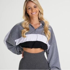 NVGTN Varsity Gray White Black Cropped Colorblock Quarter Zip Hoodie